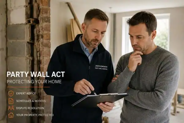 Party wall surveyor Corby discussing extension plans with homeowner outside a UK semi-detached house.